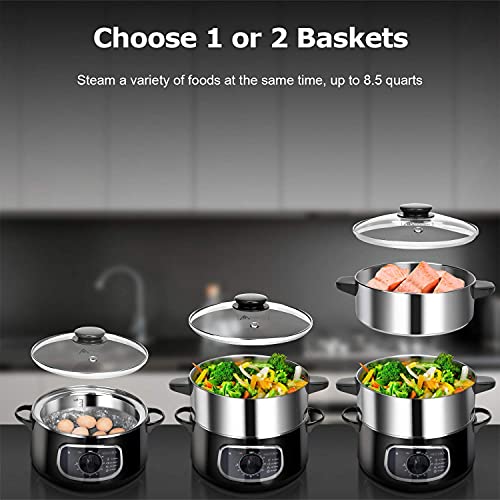 Secura 2 Stainless Steel Food Steamer 8.5 Qt Electric Glass Lid Vegetable Steamer Double Tiered Stackable Baskets with Timer - Image 3