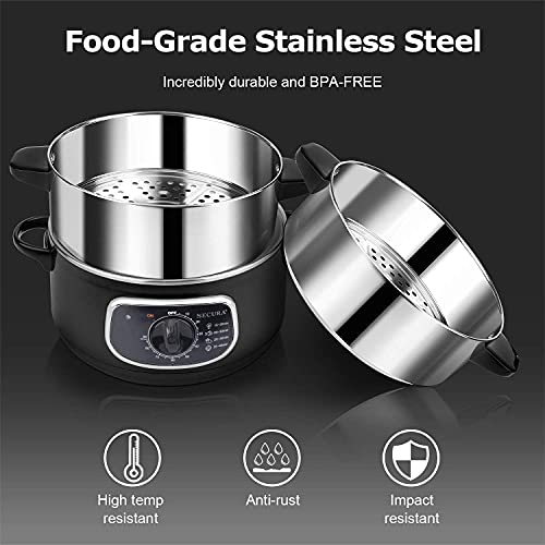 Secura 2 Stainless Steel Food Steamer 8.5 Qt Electric Glass Lid Vegetable Steamer Double Tiered Stackable Baskets with Timer - Image 4
