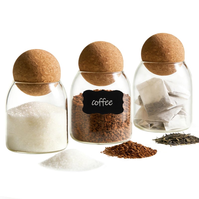 ComSaf 3 Pack 16oz Clear Decorative Glass Jars with Cork Ball Lid Coffee Bar Kitchen Counter Bathroom Storage Dishwasher Safe Glass Canisters for Coffee Sugar Candy Storage Home Decor Gifting - Image 2