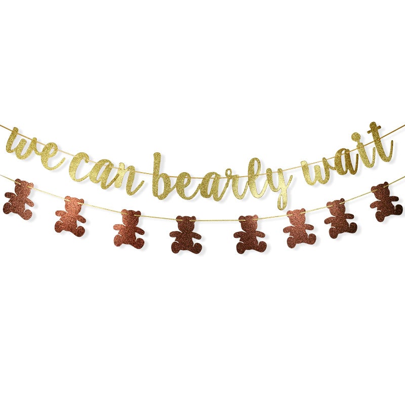 We Can Bearly Wait Glitter Banner Baby Shower Decorations Gender Reveal Party Supplies for Teddy Bear Theme Garland Gold and Brown