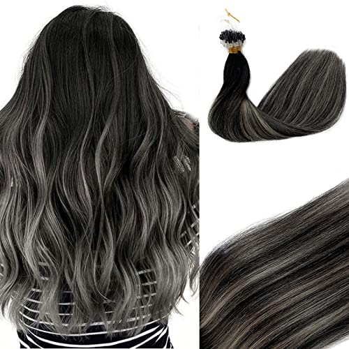 Smavida Micro Bead Hair Extensions Balayage Human Hair Micro Extensions Natural Black with Grey Balayage Gold Fusion Microbeads Human Hair Extensions,Ombre Remy Silver Straight Hair 18inch 50g/50s - Image 1