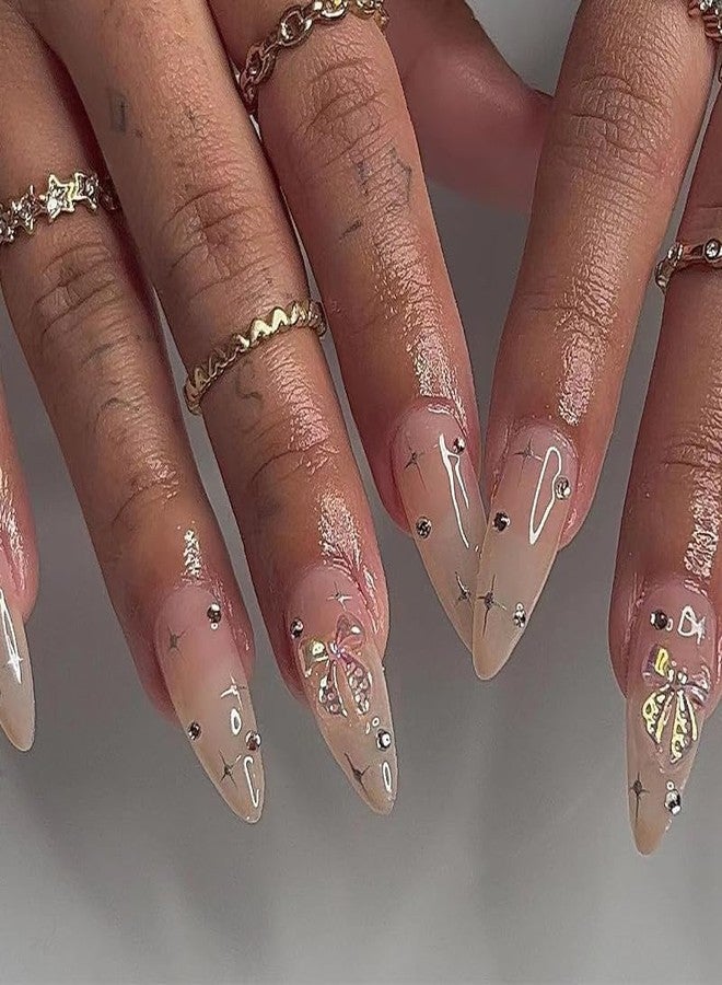 DOCVOEOMH Press on Nails Medium Almond Shaped Fake Nails with 3D Charms Design Opaque Full Cover Glue Stick on Nails for Women - Image 1