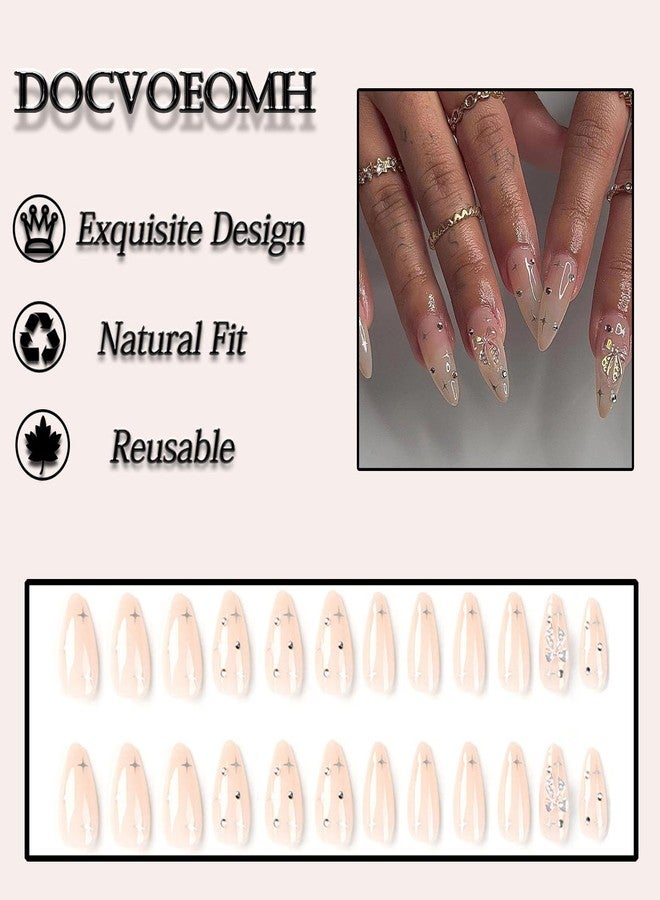 DOCVOEOMH Press on Nails Medium Almond Shaped Fake Nails with 3D Charms Design Opaque Full Cover Glue Stick on Nails for Women - Image 2