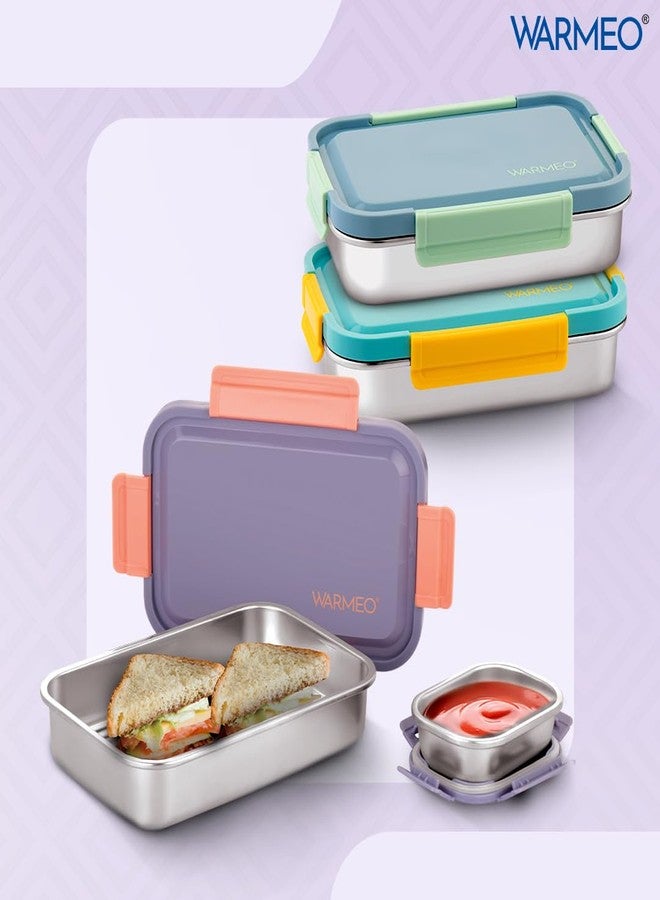 WARMEO علبة غداء وارميو كارنيفال المصنوعة من الفولاذ المقاوم للصدأ، محكمة الإغلاق ومضادة للتسرب، خفيفة الوزن، سهلة التنظيف، مثالية للمكتب والمدرسة والنزهات والسفر، طقم من قطعتين (800 مل + 150 مل) باللونين الأزرق الفاتح والأصفر - Image 3