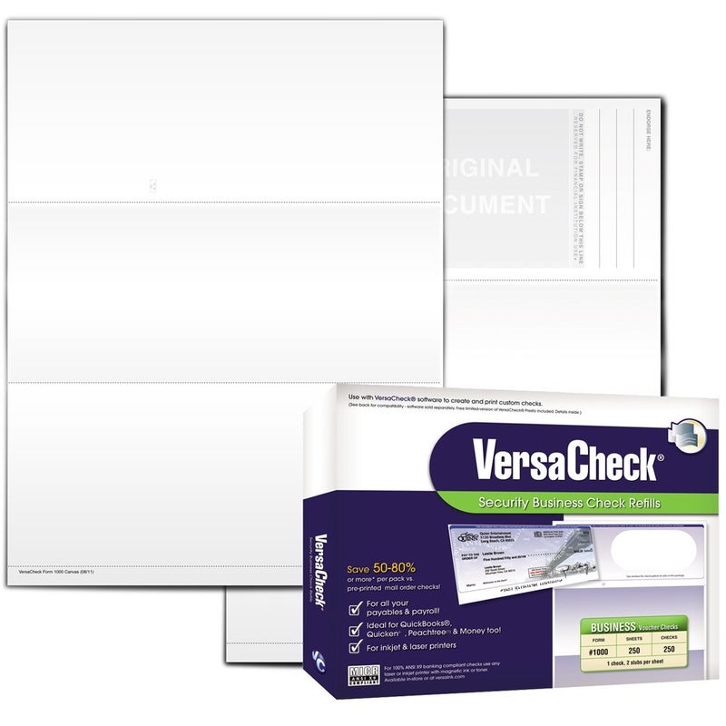 VersaCheck Secure Checks - 250 Blank Business Voucher Checks - White Canvas - 250 Sheets Form #1000 - Check on Top - Image 1