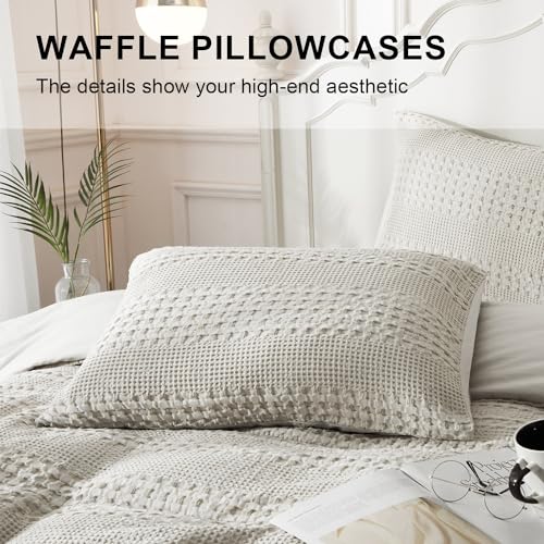 Ivellow Waffle Duvet Cover 100% Cotton Queen Duvet Cover Textured Khaki Duvet Cover Cozy Soft Breathable Skin-Friendly Luxury Bedding Set All Season - Image 5