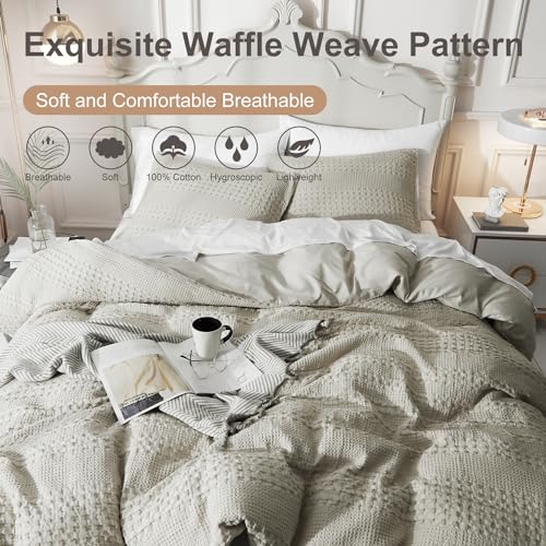 Ivellow Waffle Duvet Cover 100% Cotton Queen Duvet Cover Textured Khaki Duvet Cover Cozy Soft Breathable Skin-Friendly Luxury Bedding Set All Season - Image 3