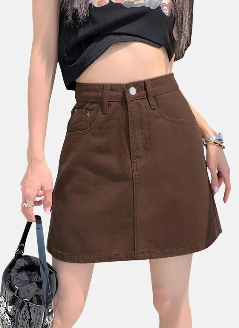 يونيكي Brown Solid Denim Mini Skirt