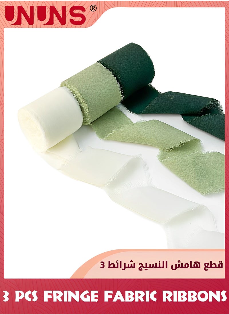 UNUNS 3 Rolls Chiffon Silk Ribbon,3.8cm X 5.5 Yard(5m) Handmade Fringe Chiffon Ribbon Set,Frayed Edge Ribbon For Wedding Invitations,Gift Wrapping,Bridal Bouquet Wrap,Decorating,DIY Craft-Cream Green  - Image 1