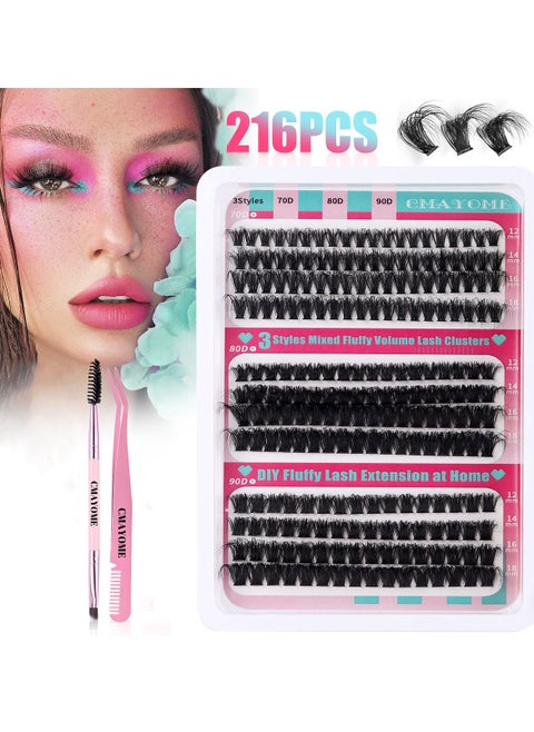 Thick false eyelashes 70D+80D+90D single cluster hair 12-18mm, 216 clusters large capacity, curled and thick mixed false eyelashes, with tweezers and brush