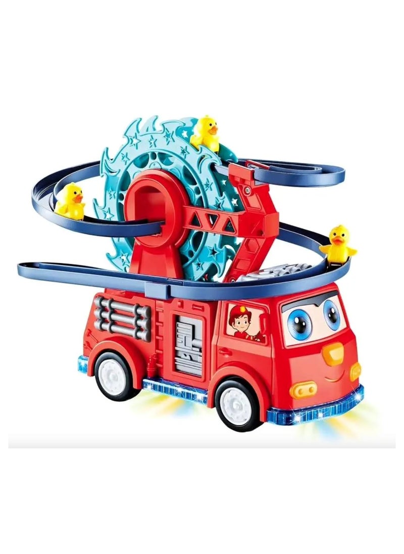 TOY GARDEN Funny Automatic Ducklings Cartoon Race Track Set, Fire Rail Car Duck Swivel Slide, Little Lovely Duck Slide Escalator Toy with Lights and Music  - Image 1