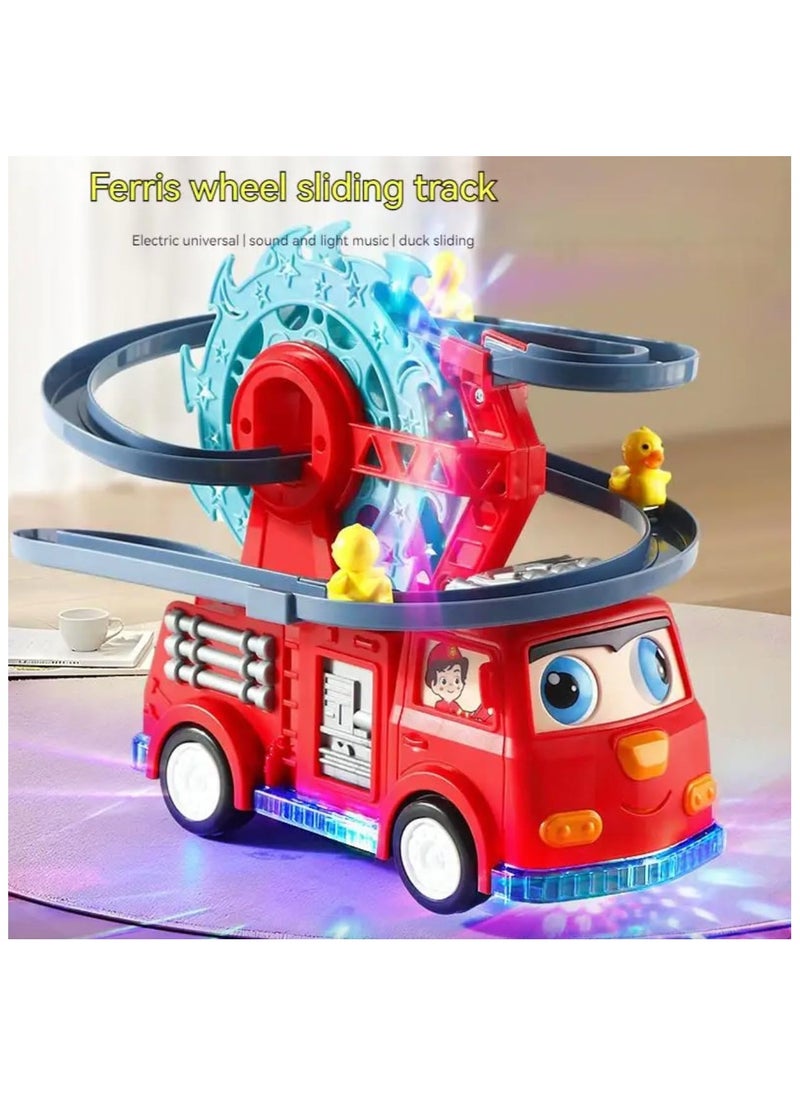 TOY GARDEN Funny Automatic Ducklings Cartoon Race Track Set, Fire Rail Car Duck Swivel Slide, Little Lovely Duck Slide Escalator Toy with Lights and Music  - Image 2