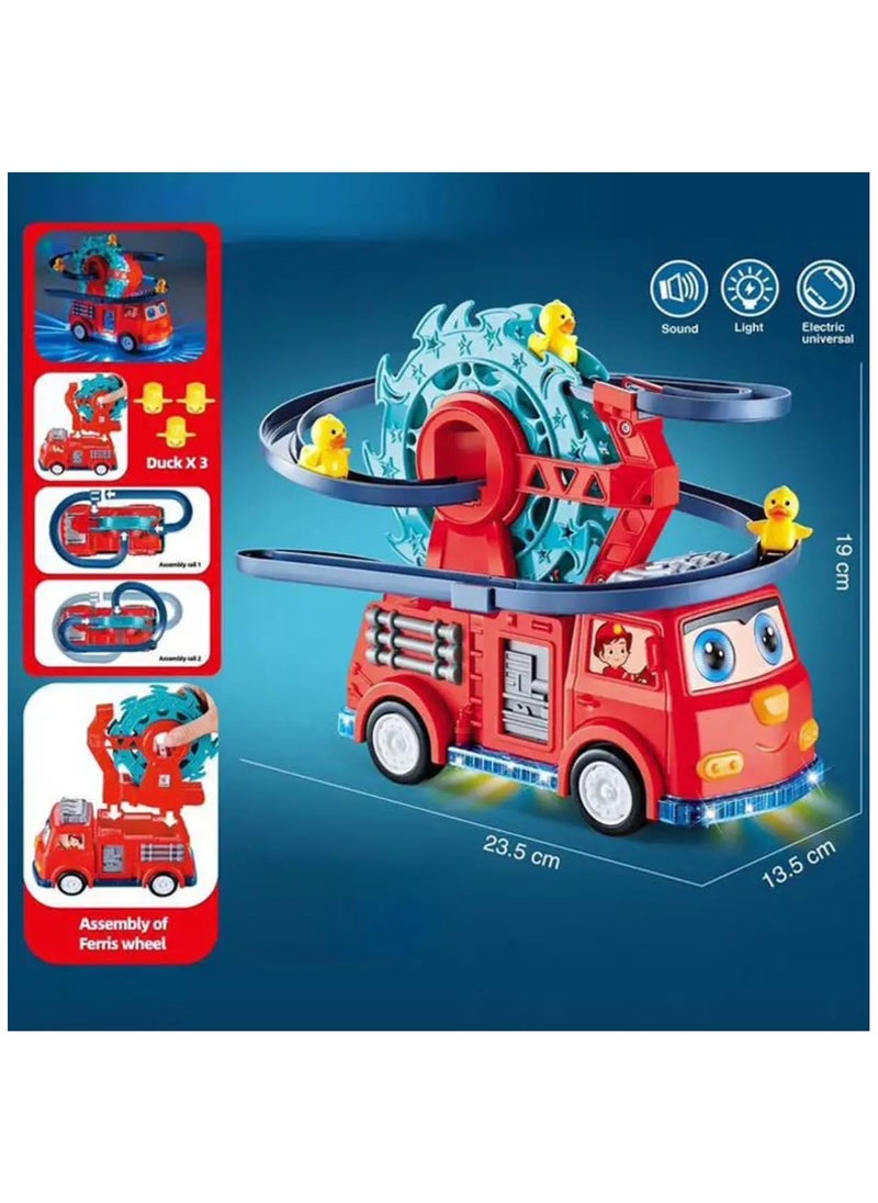 TOY GARDEN Funny Automatic Ducklings Cartoon Race Track Set, Fire Rail Car Duck Swivel Slide, Little Lovely Duck Slide Escalator Toy with Lights and Music  - Image 3