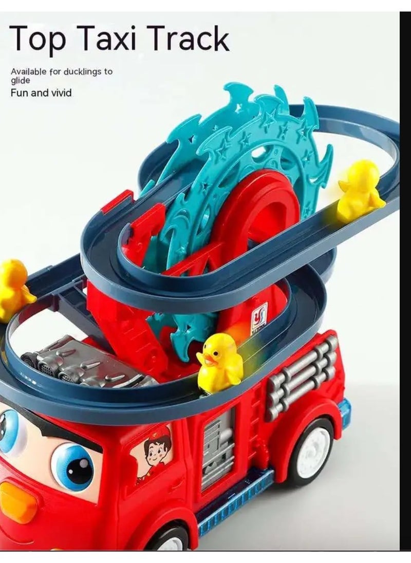 TOY GARDEN Funny Automatic Ducklings Cartoon Race Track Set, Fire Rail Car Duck Swivel Slide, Little Lovely Duck Slide Escalator Toy with Lights and Music  - Image 4