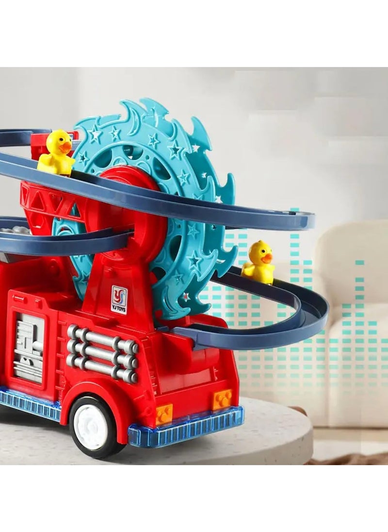 TOY GARDEN Funny Automatic Ducklings Cartoon Race Track Set, Fire Rail Car Duck Swivel Slide, Little Lovely Duck Slide Escalator Toy with Lights and Music  - Image 5