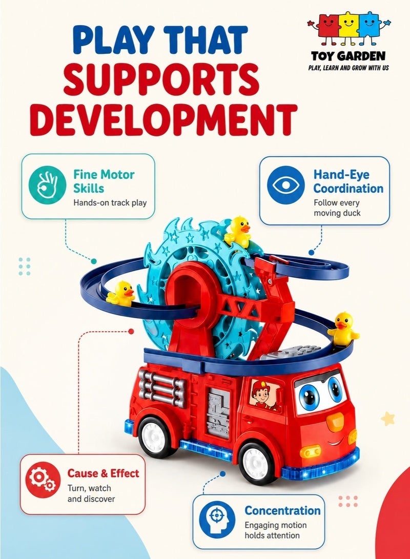 حديقة الألعاب مجموعة مسار سباق كرتونية مضحكة لتسلق السلالم من فراخ البط، شريحة دوارة على شكل بطة للسكك الحديدية، لعبة السلم المتحرك منزلق البطة الجميلة الصغيرة مع أضواء وموسيقى - Image 3