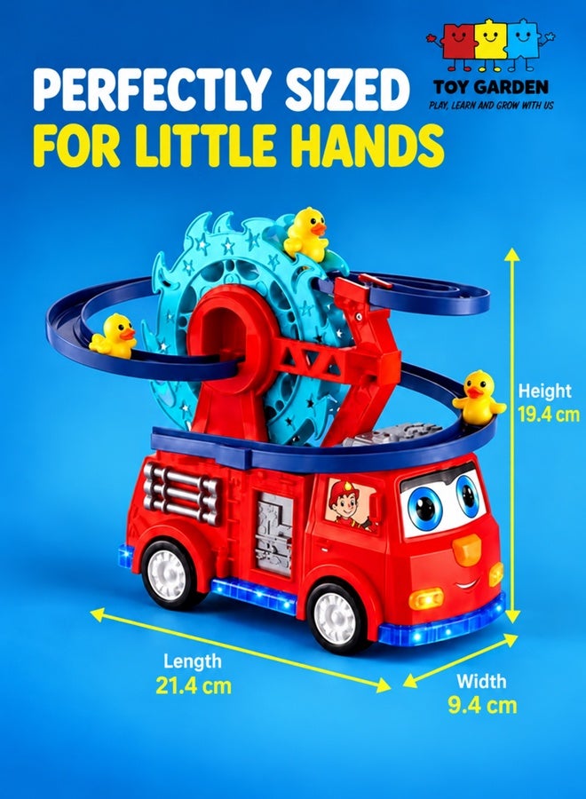 TOY GARDEN Funny Automatic Ducklings Cartoon Race Track Set, Fire Rail Car Duck Swivel Slide, Little Lovely Duck Slide Escalator Toy with Lights and Music - Image 4