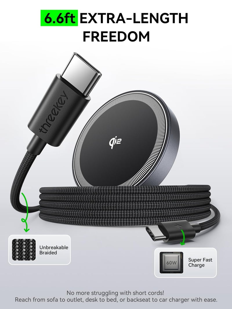 THREEKEY 2 Pack 15W Qi2 Certified Magnetic Wireless Charger 6.6ft Cable, Fast Charging Pad for iPhone 17-12&Airpods Series(20W Adapter Included) - Image 3