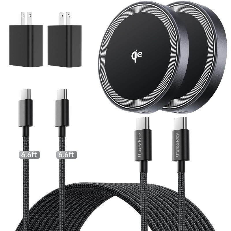 THREEKEY 2 Pack 15W Qi2 Certified Magnetic Wireless Charger 6.6ft Cable, Fast Charging Pad for iPhone 17-12&Airpods Series(20W Adapter Included) - Image 1