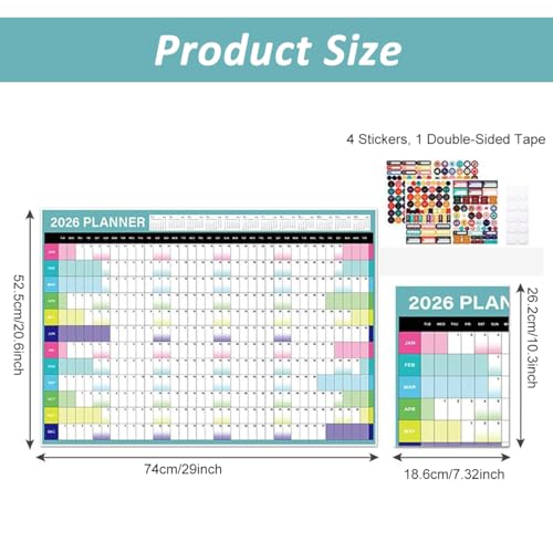 OFIFO® 2026 Wall Calendar 29"x20" Large Yearly Planner with Stickers, 12-Month Hanging Poster Calendar for Office Home Study, Daily Schedule Organizer - Image 2