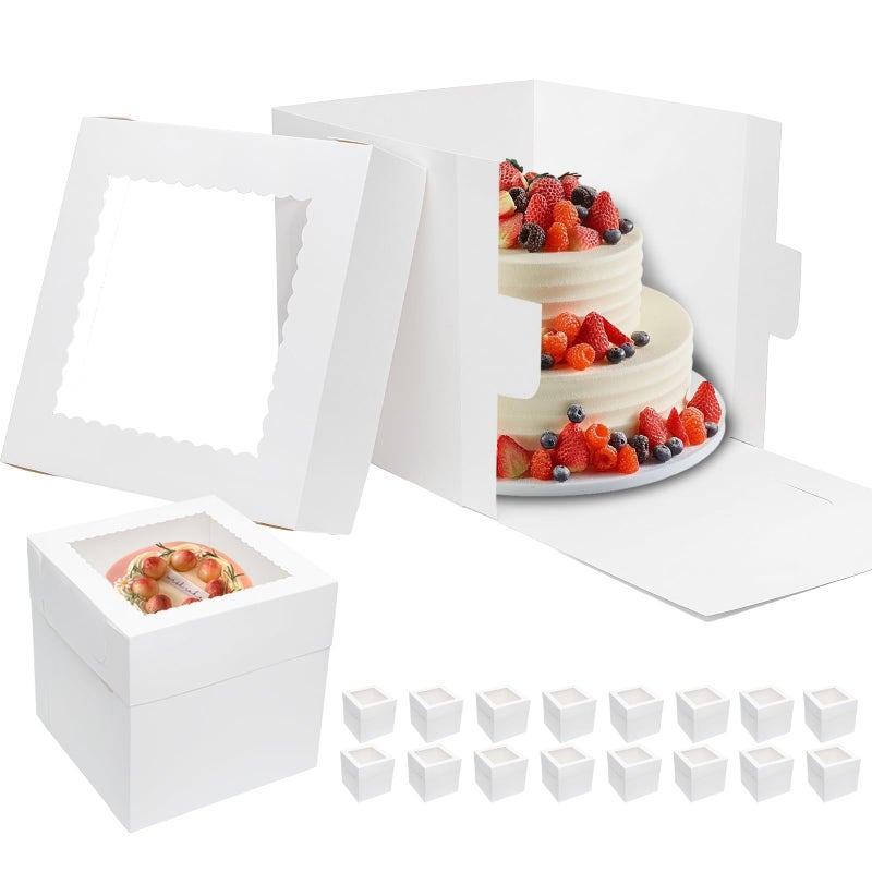 Mcfleet 16pcs Tall Cake Boxes 10x10x10 Bakery Boxes for Tier Cakes with Window 10 Inch White Large Cardboard Bakery Take Out Carrier Containers with Lids for Wedding Birthday Party