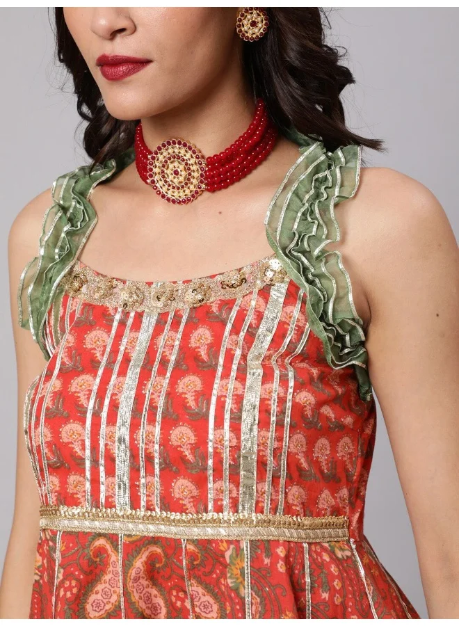 AKS Red & Green Floral Printed Lace Work Kurta & Sharara With Organza Dupatta