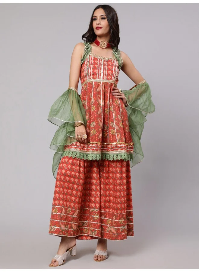 AKS Red & Green Floral Printed Lace Work Kurta & Sharara With Organza Dupatta