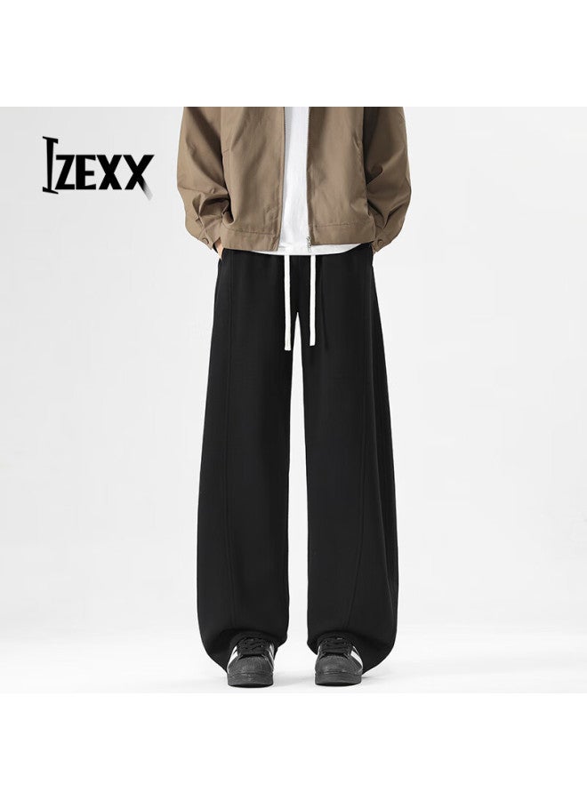 Izexx Men's American Style Straight Casual Pants Autumn Versatile Simple Curved Wide Leg Loose Sports Trousers Ss12 Black XL - Image 1