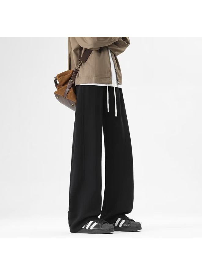 Izexx Men's American Style Straight Casual Pants Autumn Versatile Simple Curved Wide Leg Loose Sports Trousers Ss12 Black XL - Image 2