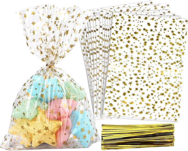 COQOFA 100 Pcs Star Printed 5"X 7" Gift Wrap Cello Cellophane Treat Bags with Twist Ties - Image 1