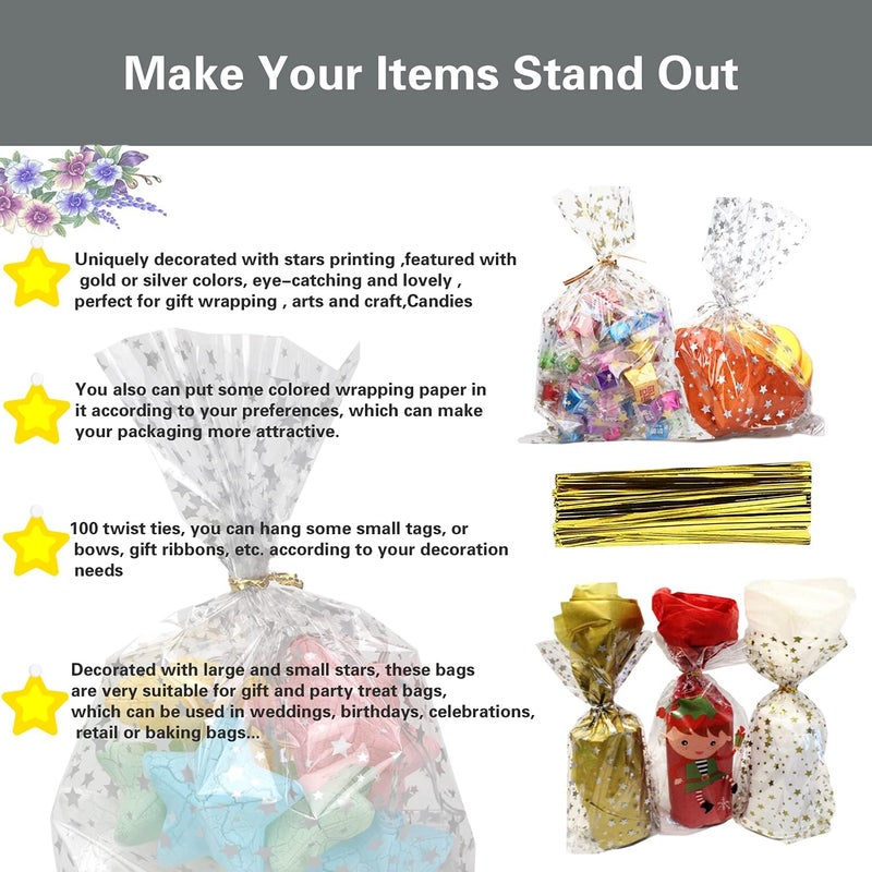 COQOFA 100 Pcs Star Printed 5"X 7" Gift Wrap Cello Cellophane Treat Bags with Twist Ties - Image 4