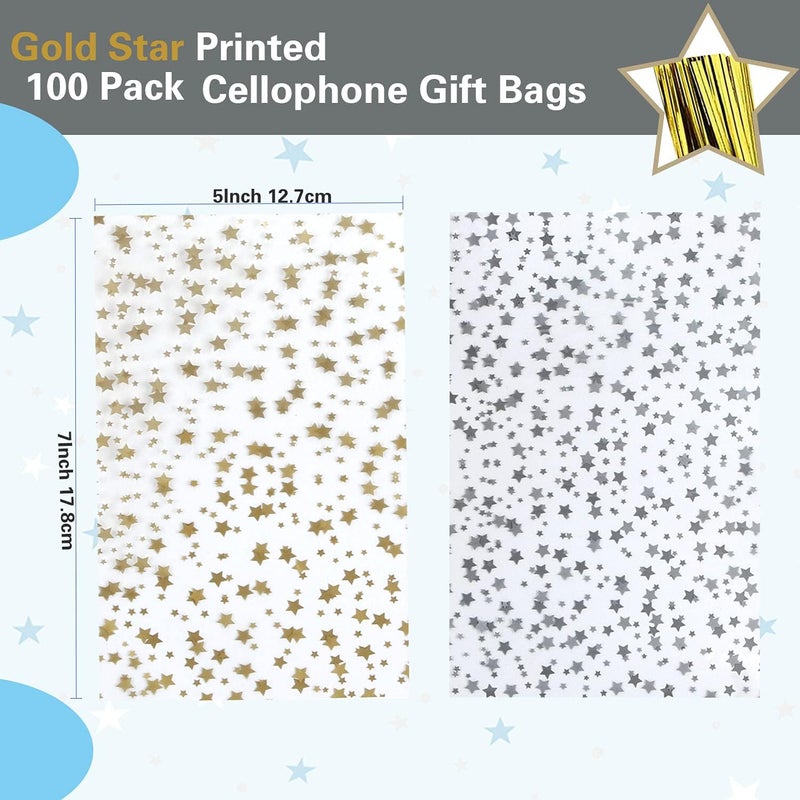 COQOFA 100 Pcs Star Printed 5"X 7" Gift Wrap Cello Cellophane Treat Bags with Twist Ties - Image 2