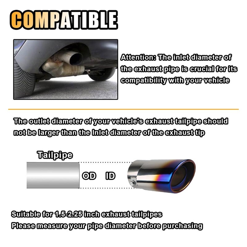 smilfuy Stainless Steel Car Exhaust Tip, 2.5" Inlet 3.3" Outlet Adjustable Chrome-Plated Finish Exhaust Tailpipe, Car Exhaust Pipe Modification Tail Throat Tail Pipe, Fit for Most Cars (Straight, Blue) - Image 4