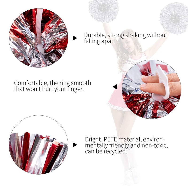 Ueerdand Pack Of 4 Cheerleading Pom Poms Foil Plastic Metallic Cheerleader Pom Poms For Cheer Sport Kids Adults Team Spirit Cheering (Red/Silver) - Image 3