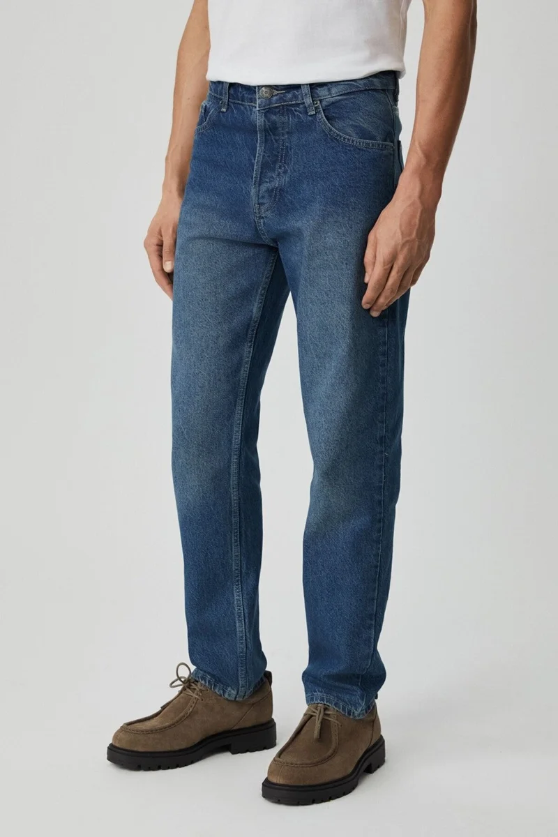 GRIMELANGE Men's Regular Fit Relaxed Cut Thick Textured Wash Effect Magic Denim Medium Blue Jeans