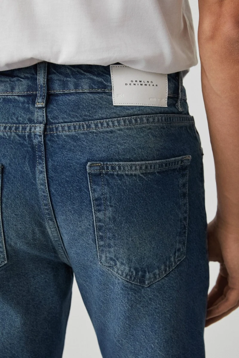 GRIMELANGE Men's Regular Fit Relaxed Cut Thick Textured Wash Effect Magic Denim Medium Blue Jeans
