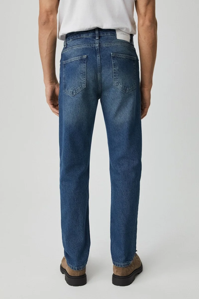 GRIMELANGE Men's Regular Fit Relaxed Cut Thick Textured Wash Effect Magic Denim Medium Blue Jeans