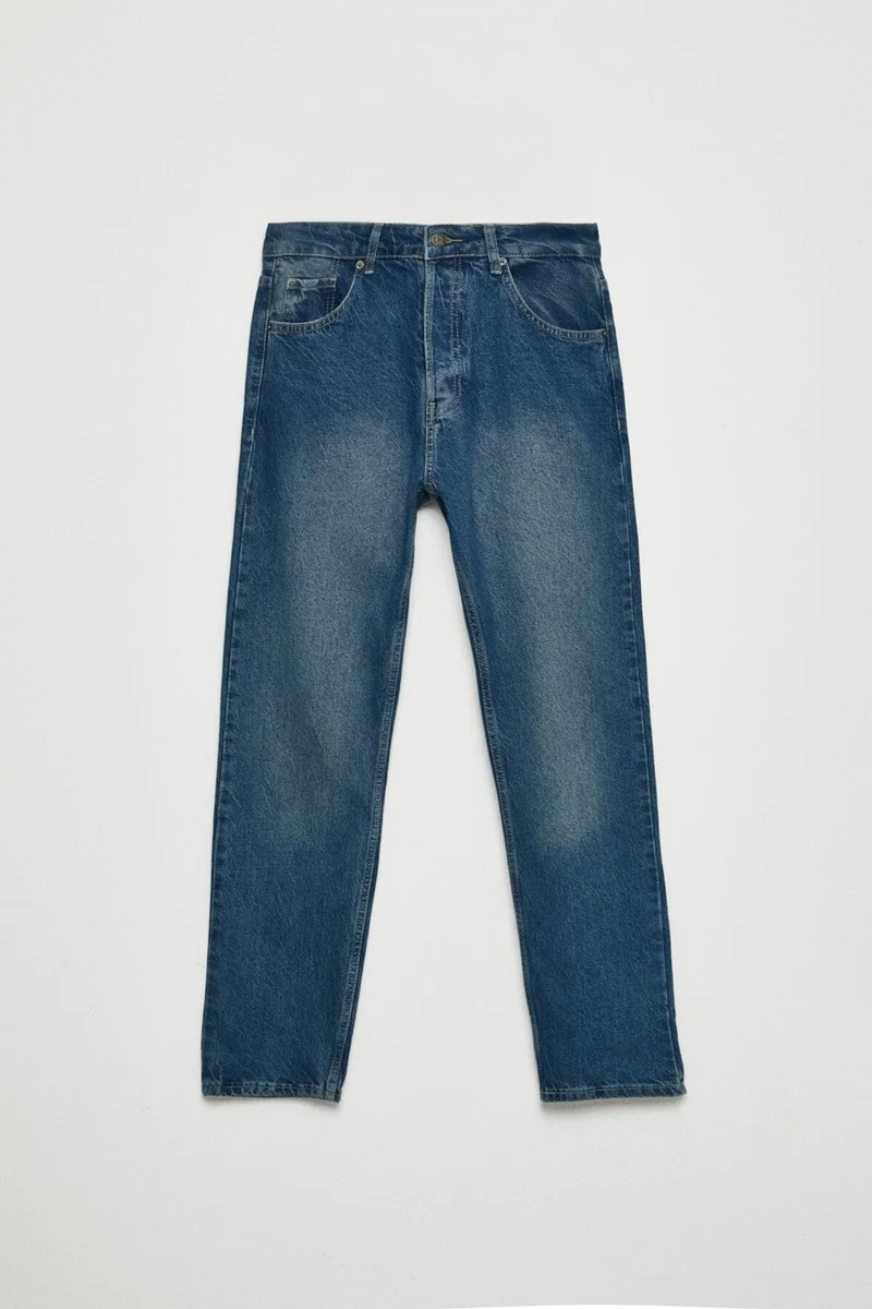 GRIMELANGE Men's Regular Fit Relaxed Cut Thick Textured Wash Effect Magic Denim Medium Blue Jeans