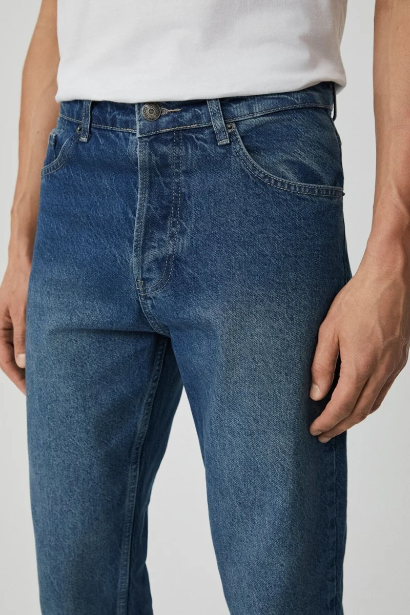 GRIMELANGE Men's Regular Fit Relaxed Cut Thick Textured Wash Effect Magic Denim Medium Blue Jeans