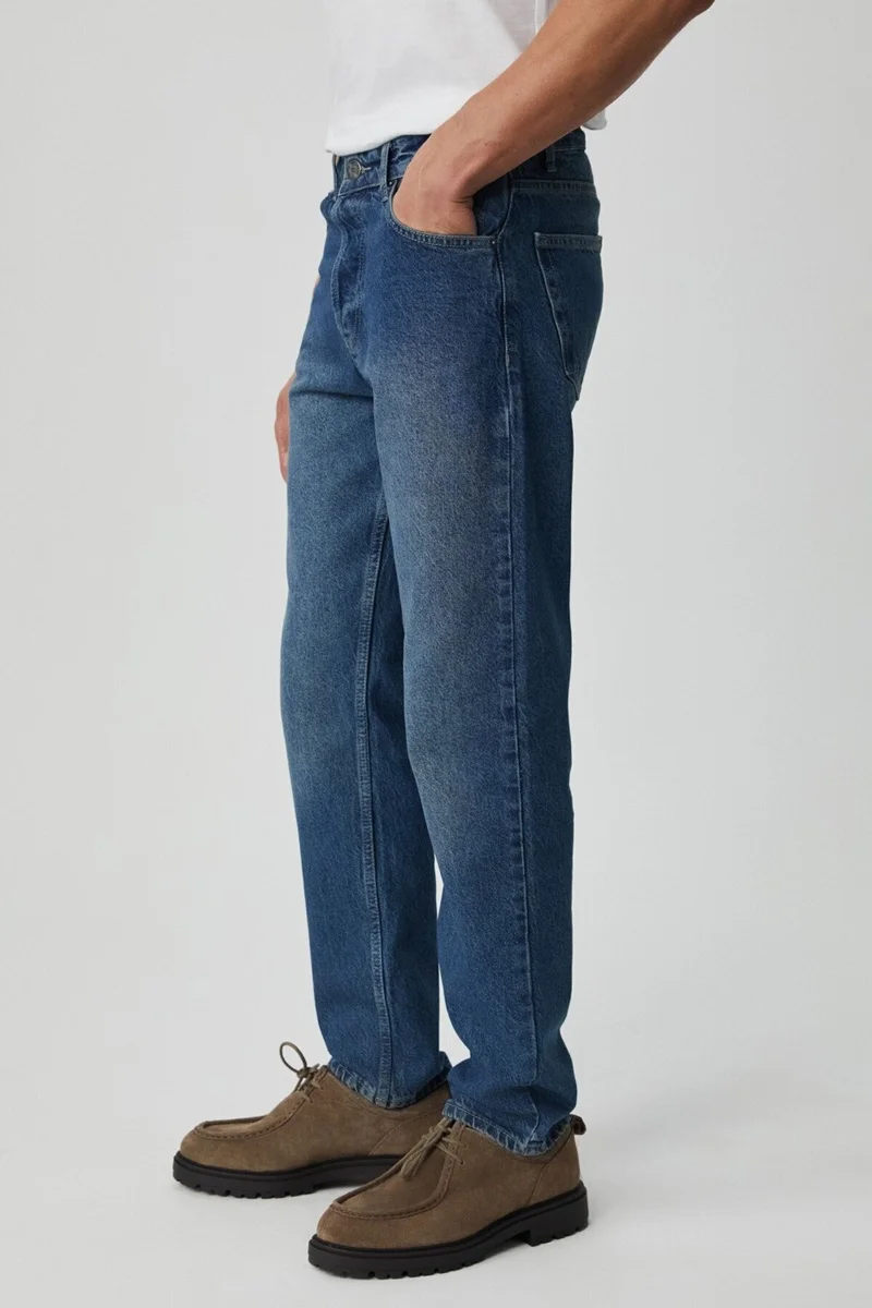 GRIMELANGE Men's Regular Fit Relaxed Cut Thick Textured Wash Effect Magic Denim Medium Blue Jeans