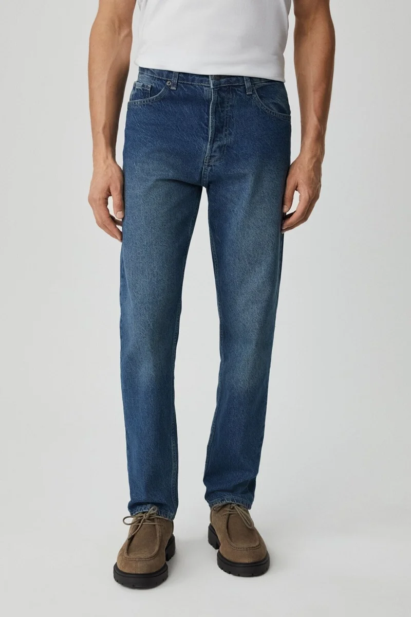 GRIMELANGE Men's Regular Fit Relaxed Cut Thick Textured Wash Effect Magic Denim Medium Blue Jeans