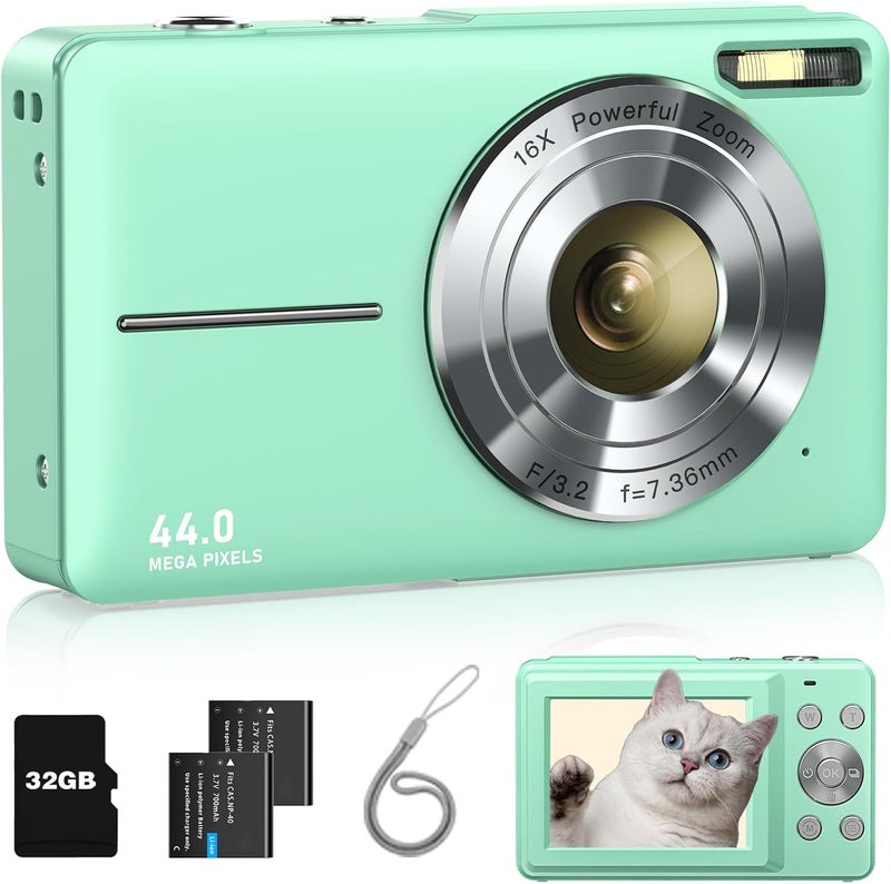 Lecran FHD 1080P Kids Digital Camera with 32GB Card,2 Batteries,Lanyard,16xZoom Anti Shake,44MP Compact Portable Small Point and Shoot Cameras Gift Kids Student Children Teens Girl Boy(Light Green) - Image 1
