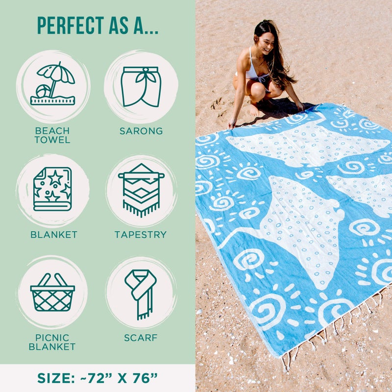 Sand Cloud Extra Large Turkish Beach Towel - Sand Free - 100% Organic Turkish Cotton Yarn - Quick Dry Towel for Beach, Picnic, Blanket or Bath - As Seen on Shark Tank - Marine Life (Manta Ray) - Image 3