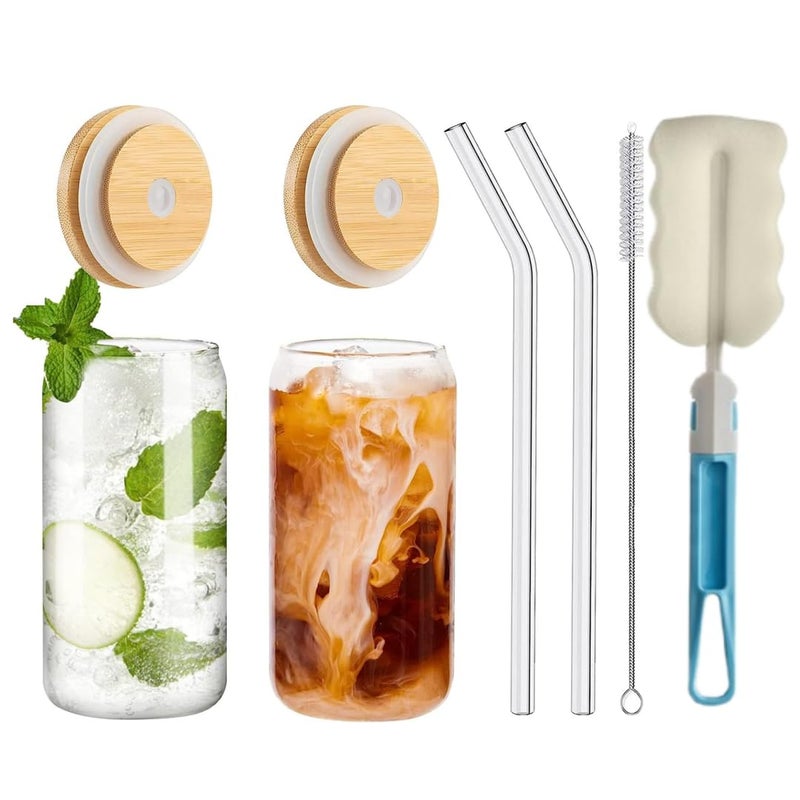 17OZ Glass Cups with Bamboo Lids and Glass Straw Reusable Can Shaped Drinking Glasses with Lids and Straws  BrushWide Mouth Mason Jar Glass Cups for Smoothies Tea Cola Juice Soda 2 Pack