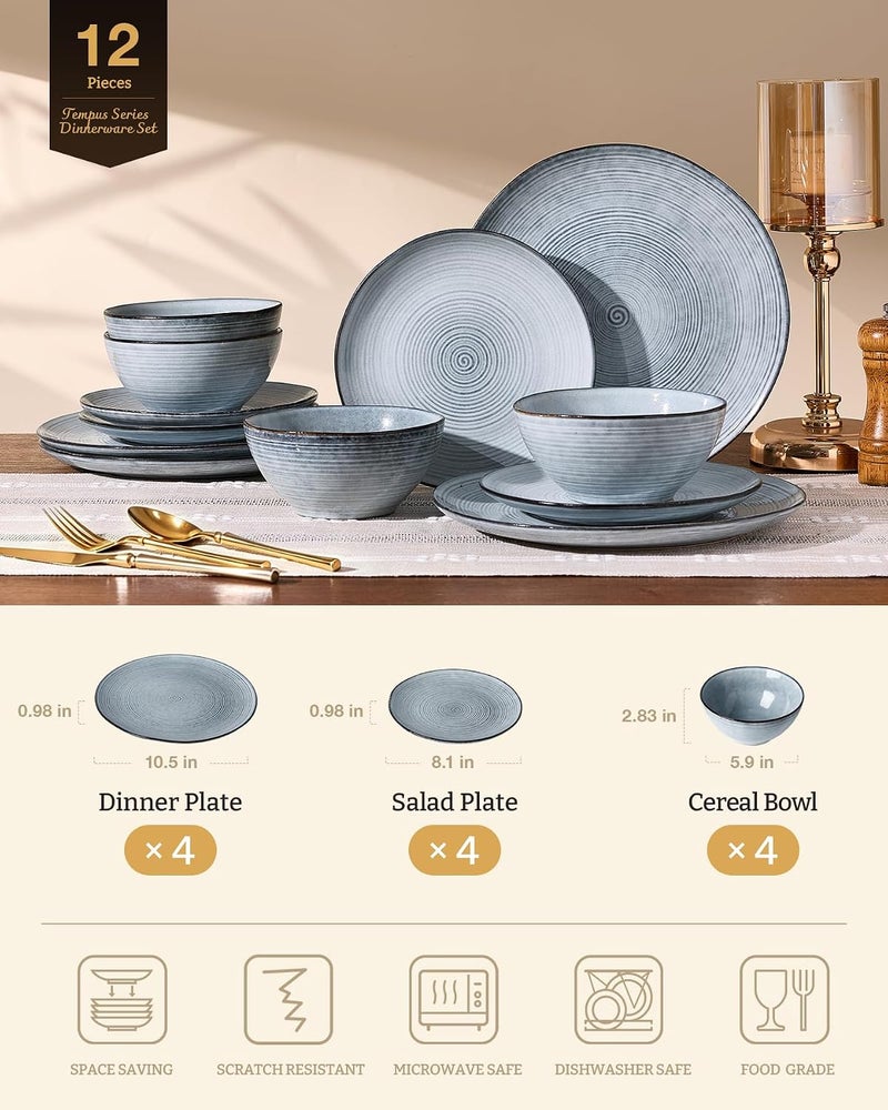 Famiware Premium Tempus Stoneware Dinnerware Set for 4, Reactive Glaze, Pearl Blue - Image 2