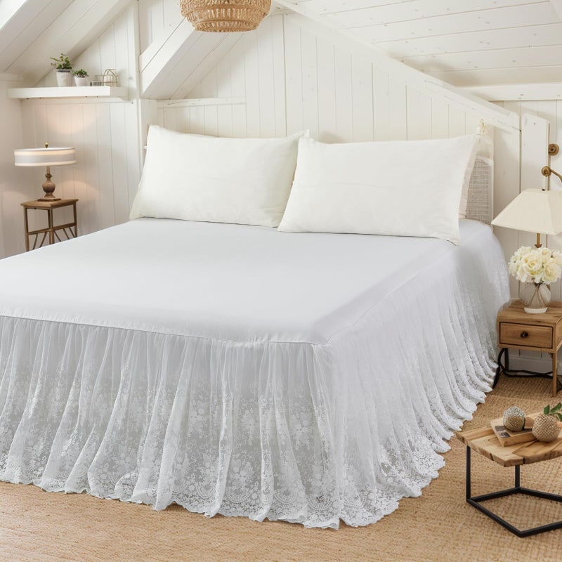 Brandream Luxury White Lace Bed Skirt 18 Inch Drop Queen Size Heirloom Floral Lace Double Layer Cotton Romantic Cottage Farmhouse Premium Boutique Bed Skirt - Image 2