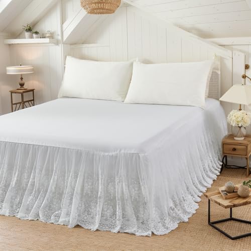 Brandream Luxury White Lace Bed Skirt 18 Inch Drop Queen Size Heirloom Floral Lace Double Layer Cotton Romantic Cottage Farmhouse Premium Boutique Bed Skirt - Image 1