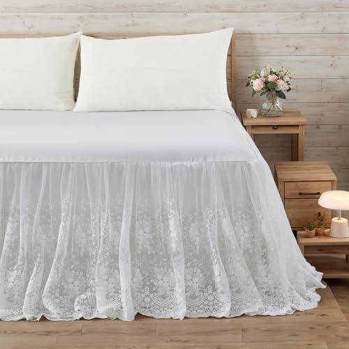 Brandream Luxury White Lace Bed Skirt 18 Inch Drop Queen Size Heirloom Floral Lace Double Layer Cotton Romantic Cottage Farmhouse Premium Boutique Bed Skirt - Image 3