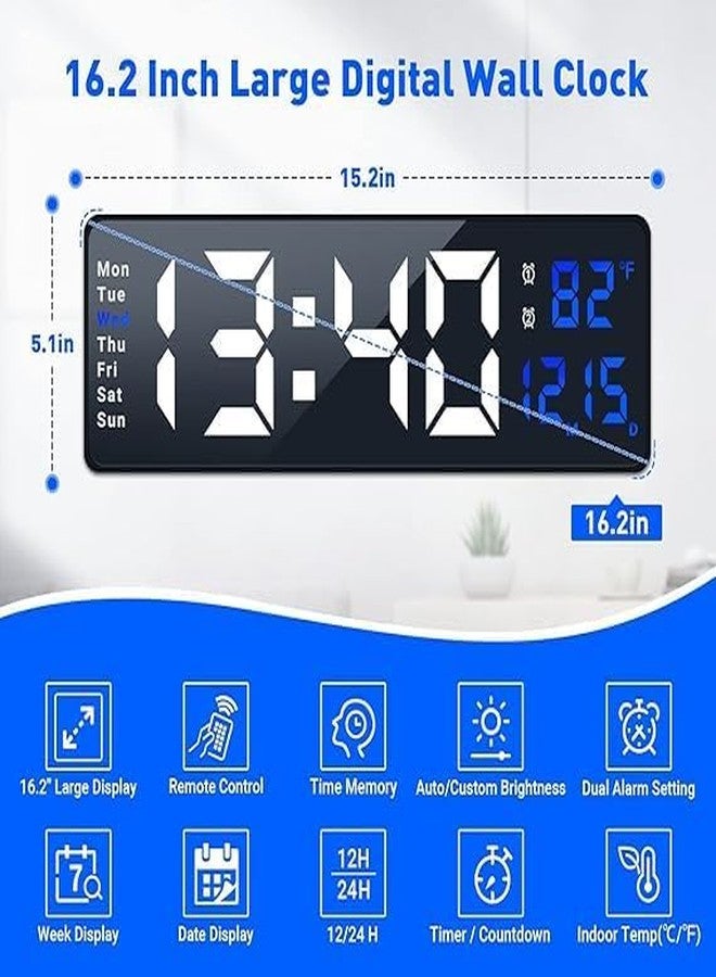 JUGTE Digital Plastic Wall Clock 15" Large Display Digital Clock with Remote Control, Auto-Dimming Clock with Night Light, DST, Date Week, Temp for Living Room, Bedroom, Gift for Elderly(White & Blue) - Image 3