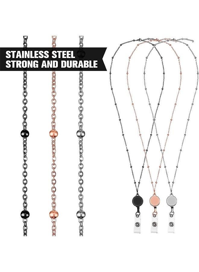 MVAQKLM  - Retractable Badge Reel Lanyard with ID Holder, 3 Pcs Beaded Lanyards Stainless Steel ID Badge Necklace Set, Waterproof Name Badge Holder Clip for Office Women Men (Rose Gold, Black, Silver) - Image 1